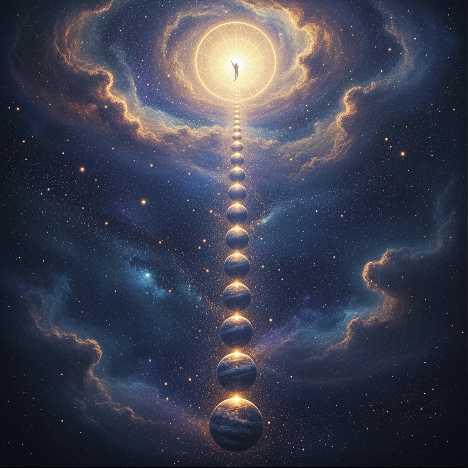 A soul ascending sphere by sphere up a staircase of planets toward the light