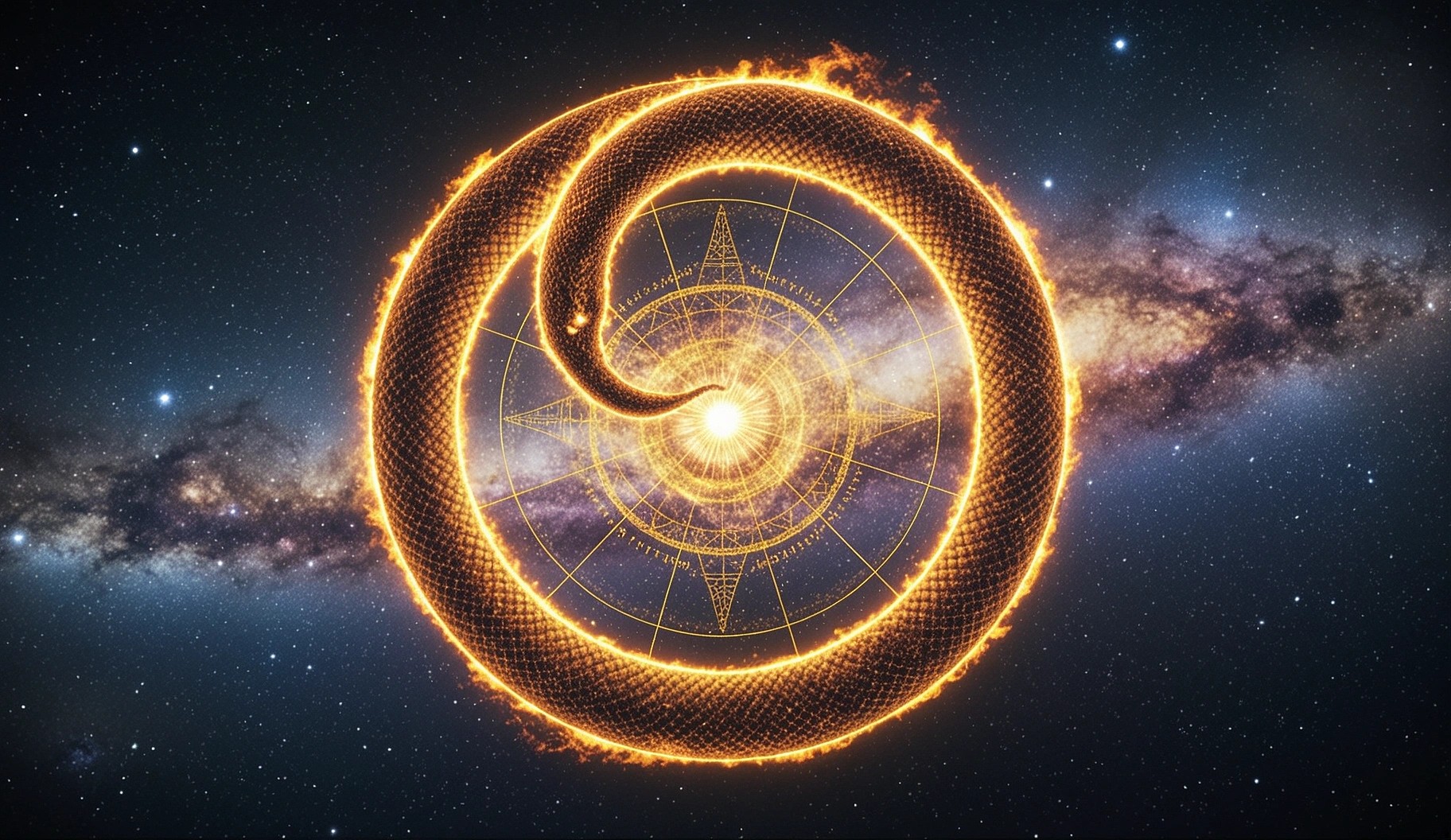 The turning wheel of cosmic ages — gold dimming to iron and beginning again