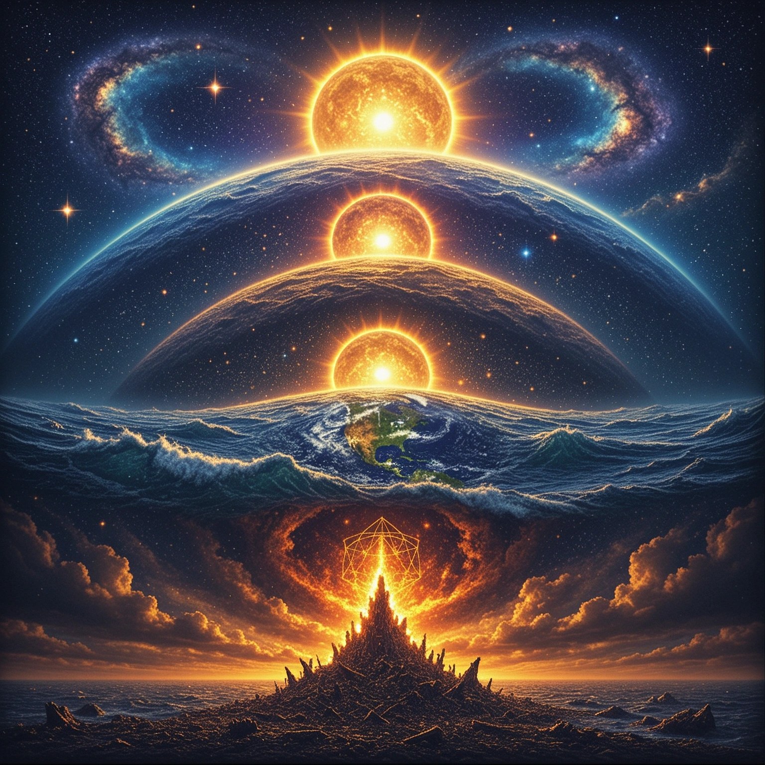 Five successive worlds rising and falling — a green earth rising from a burning sea