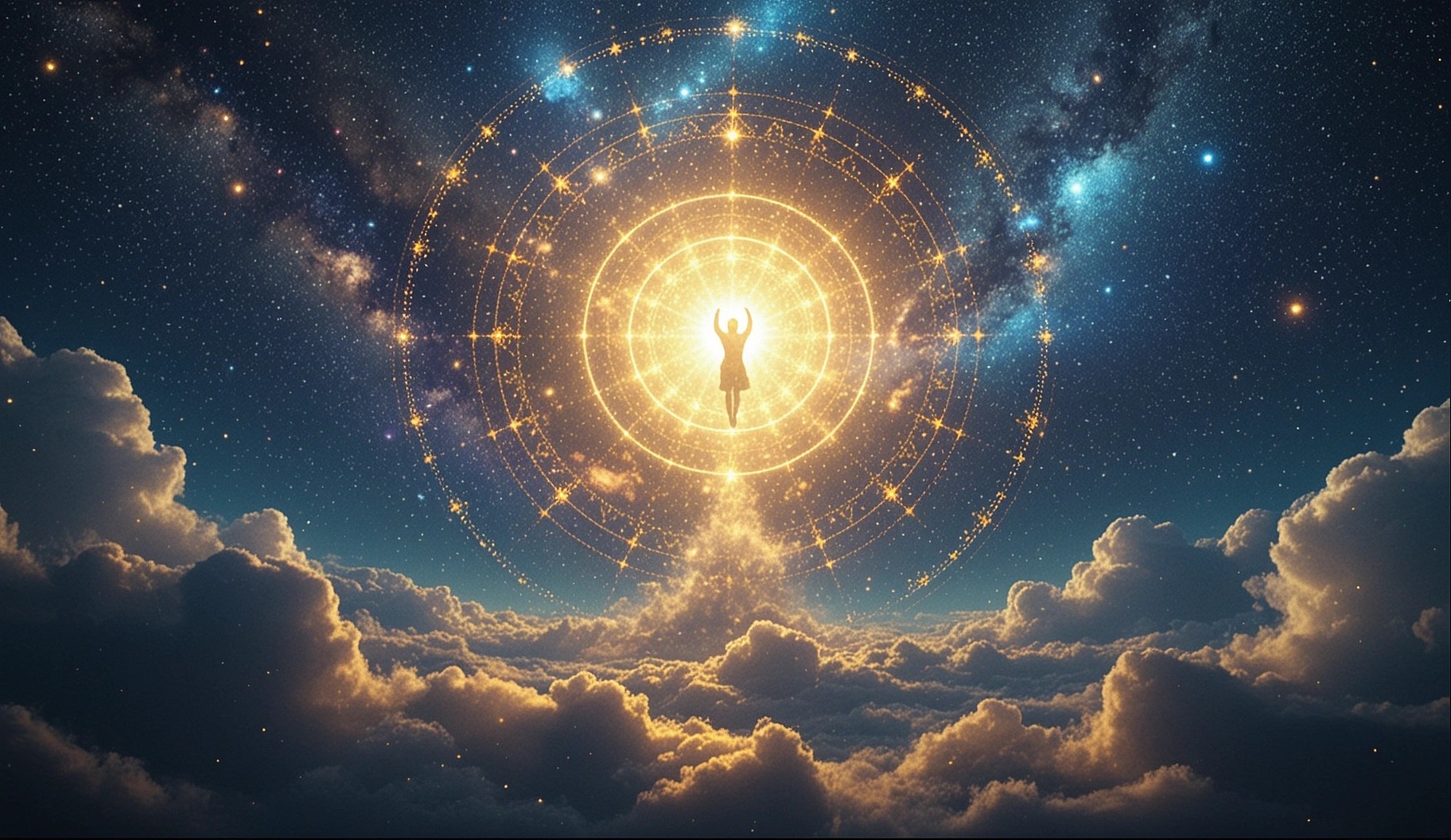 A luminous cosmic wheel of ages turning through descent and return