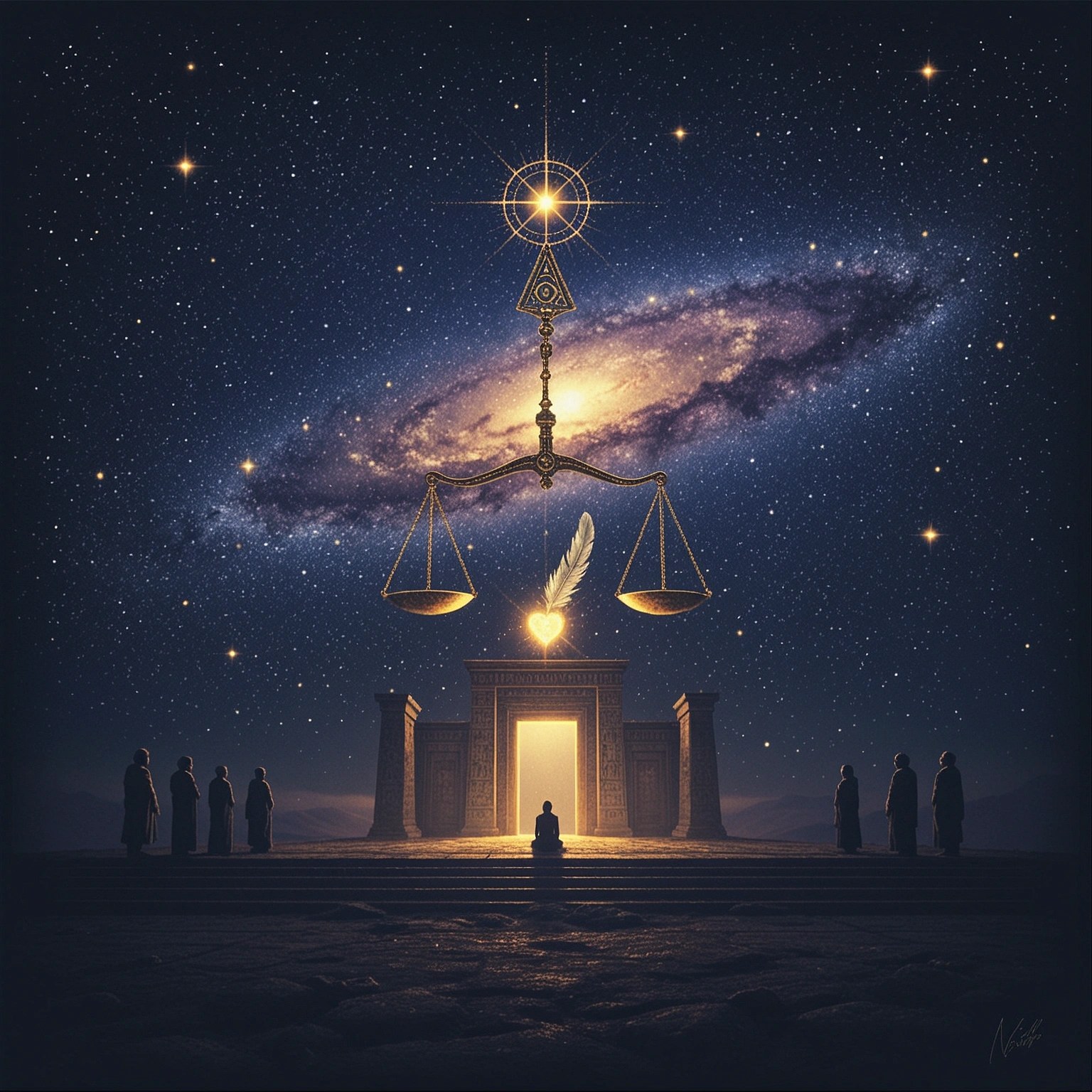 The weighing of the heart against the feather of truth before the gates of the afterlife