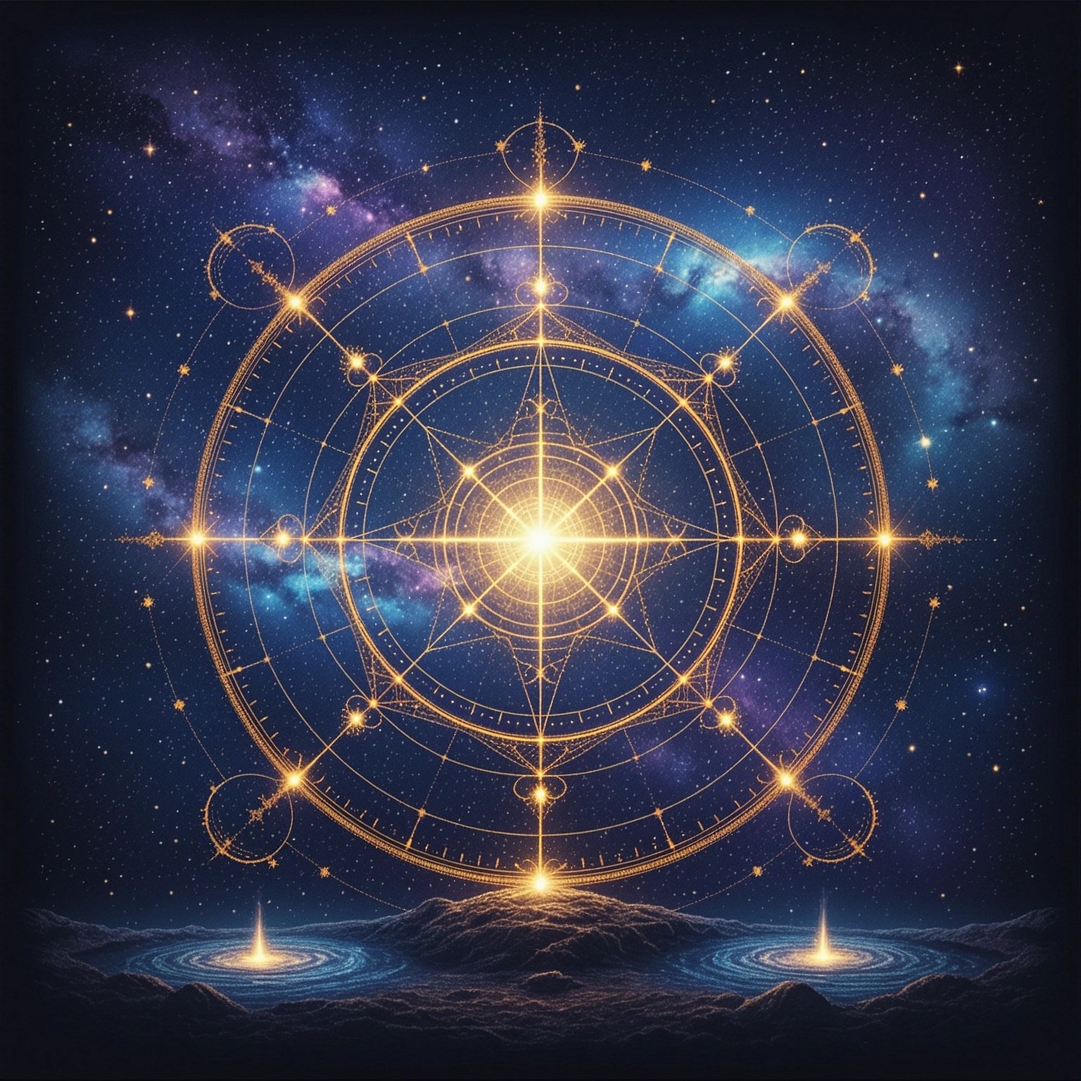 The wheel of rebirth turning above two springs — one of forgetting, one of memory